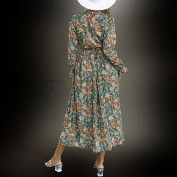 Clementine: Green Floral Midi Dress - Picture 3 of 3